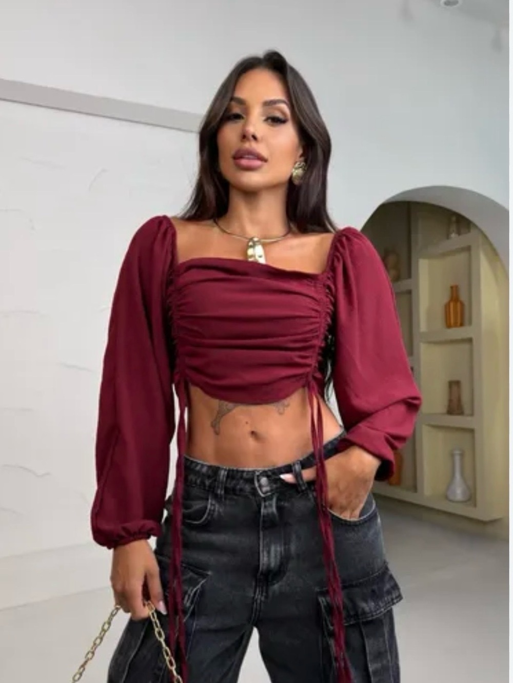 Forever 21 Burgundy Ruched Square-Neck Crop Top